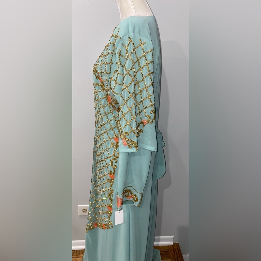 Blue & Gold fully beaded chiffon maxi kaftan with scarf size medium new - Picture 9 of 10